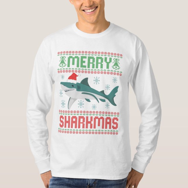Merry Sharkmas Funny Christmas Shark Ugly Sweater (Front)