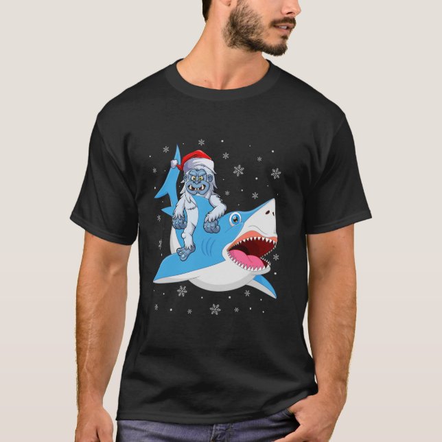 Merry Sharkmas Funny Santa Hat Yeti Riding Shark C T-Shirt (Front)