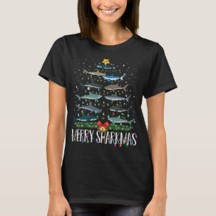 Merry Sharkmas Funny Shark Christmas Tree Lights P T-Shirt