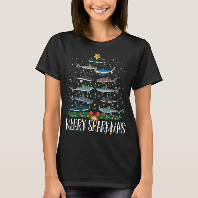 Merry Sharkmas Funny Shark Christmas Tree Lights P T-Shirt (Front)