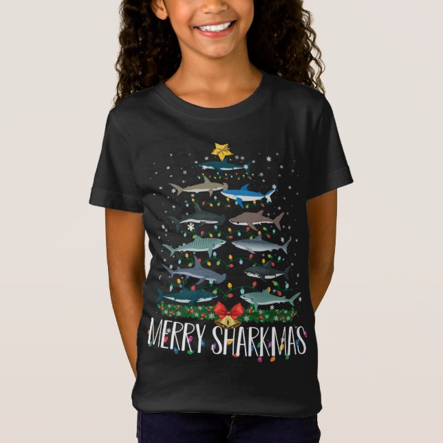 Merry Sharkmas Funny Shark Christmas Tree Lights P T-Shirt (Front)