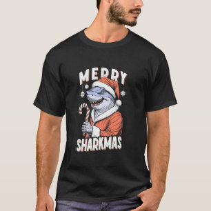 Merry Sharkmas Funny Shark Santa Claus Candy Cane  T-Shirt