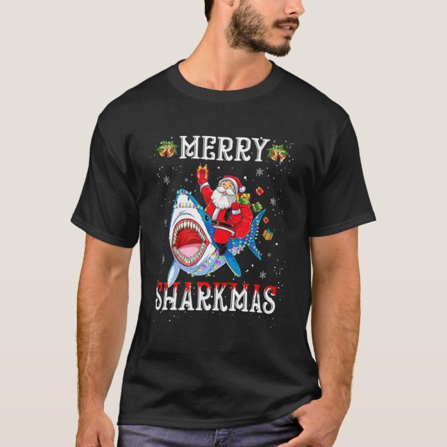 Merry Sharkmas Santa Ride Shark Ugly Christmas Lig T-Shirt (Front)