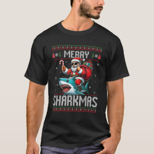 Merry Sharkmas Santa Riding Shark Ugly Christmas X T-Shirt
