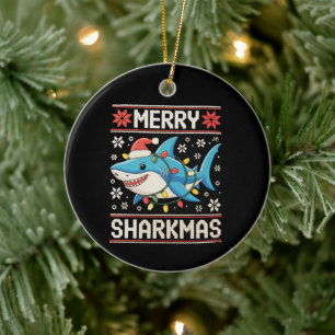 Merry Sharkmas Shark Christmas Ugly Xmas Lights Ceramic Tree Decoration