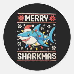 Merry Sharkmas Shark Christmas Ugly Xmas Lights Classic Round Sticker