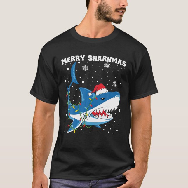Merry Sharkmas Shark Santa Christmas Lights Boys T-Shirt (Front)