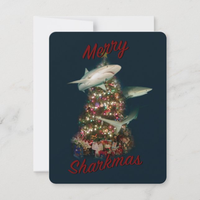 Merry Sharkmas Sharks Around the Christmas Tree Holiday Card (Front)