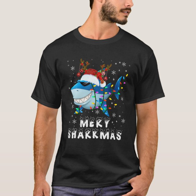 Merry Sharkmas Xmas Lights Santa Reindeer Shark Su T-Shirt (Front)
