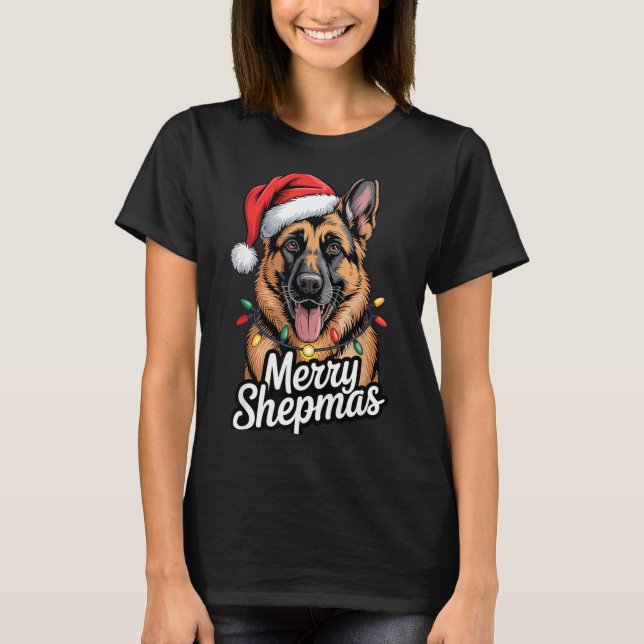 Merry Shepmas German Shepherd Christmas Lights Hum T-Shirt (Front)