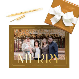 Merry Simple & Modern Gold Frame Family Photo Foil Holiday Card