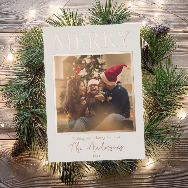 Merry Simple Modern Minimal Photo Foil Holiday Card (Creator Uploaded)