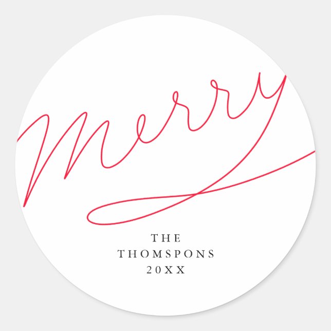 Merry Simple Red Hand Lettered Script Christmas Classic Round Sticker (Front)