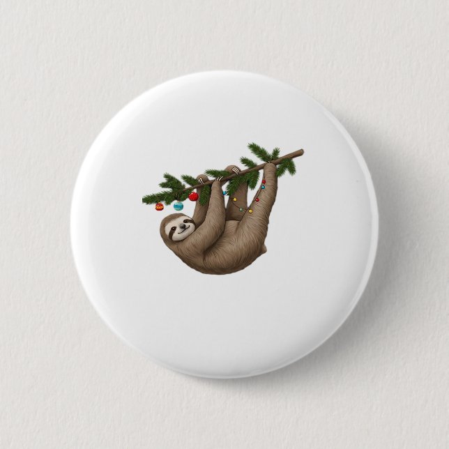 Merry Sloth on Christmas Tree Branch with Ornament 6 Cm Round Badge (Front)