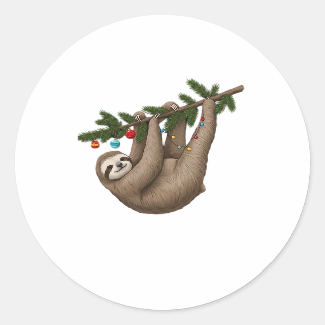 Merry Sloth on Christmas Tree Branch with Ornament Classic Round Sticker (Front)