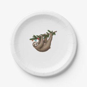 Merry Sloth on Christmas Tree Branch with Ornament Paper Plate
