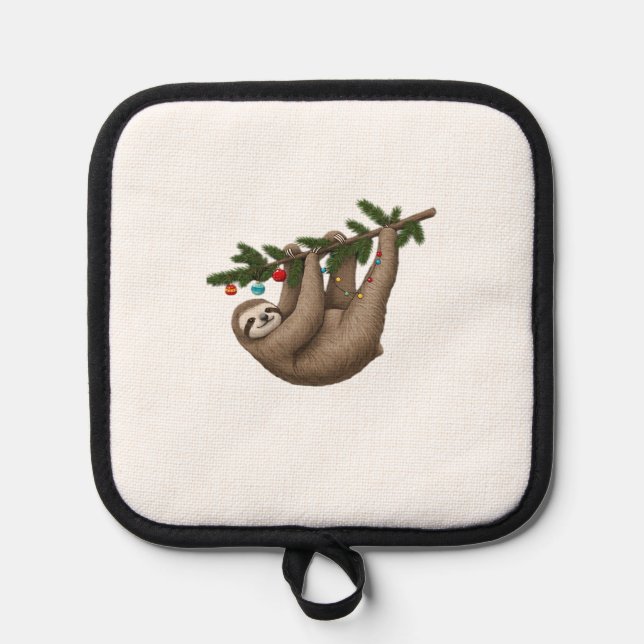Merry Sloth on Christmas Tree Branch with Ornament Pot Holder (Front)