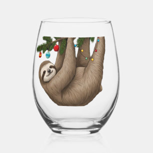 Merry Sloth on Christmas Tree Branch with Ornament Stemless Wine Glass