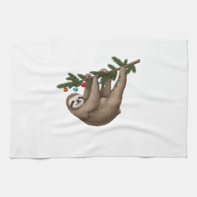 Merry Sloth on Christmas Tree Branch with Ornament Tea Towel (Horizontal)
