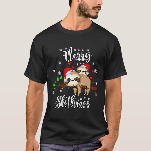 Merry Slothmas Christmas Pajama Sloth T-Shirt (Front)