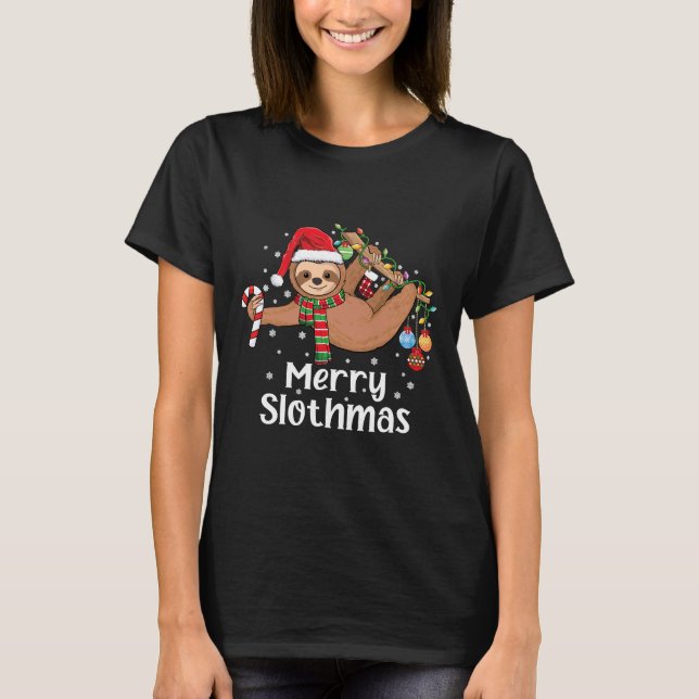 Merry Slothmas Christmas Sloth Pyjamas Santa Hat X T-Shirt (Front)