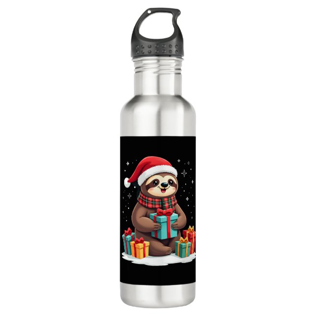 Merry Slothmas cute Christmas sloth Santa hat Xmas 710 Ml Water Bottle (Front)