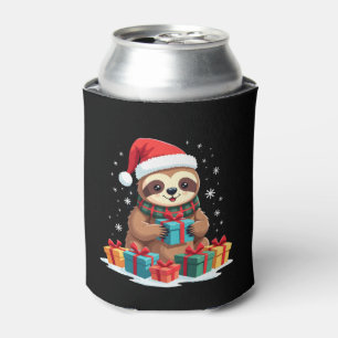 Merry Slothmas cute Christmas sloth Santa hat Xmas Can Cooler
