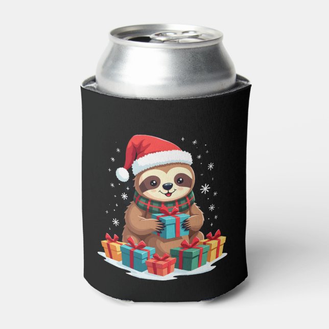 Merry Slothmas cute Christmas sloth Santa hat Xmas Can Cooler (Can Front)