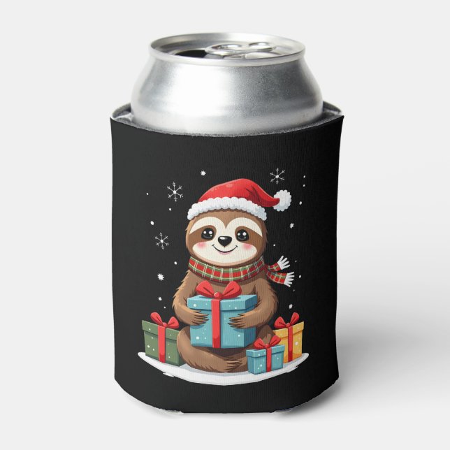 Merry Slothmas cute Christmas sloth Santa hat Xmas Can Cooler (Can Front)