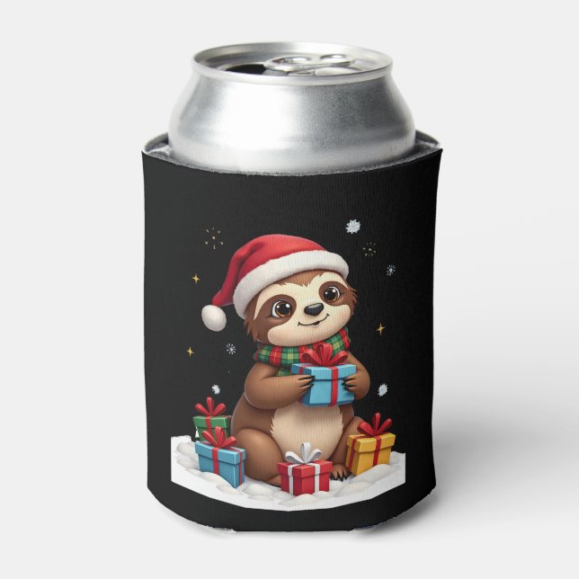 Merry Slothmas cute Christmas sloth Santa hat Xmas Can Cooler (Can Front)