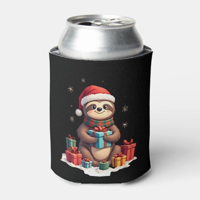 Merry Slothmas cute Christmas sloth Santa hat Xmas Can Cooler (Can Front)