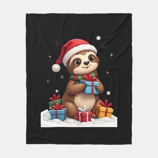 Merry Slothmas cute Christmas sloth Santa hat Xmas Fleece Blanket (Front)