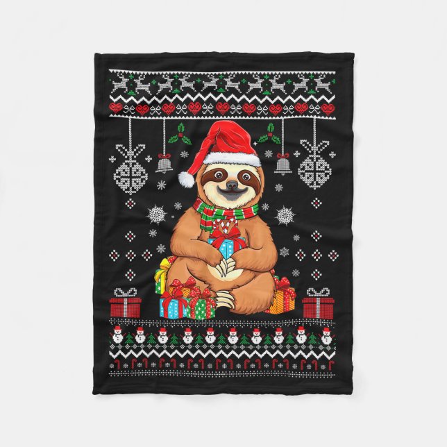 Merry Slothmas Cute Christmas Sloth Santa Hat Xmas Fleece Blanket (Front)