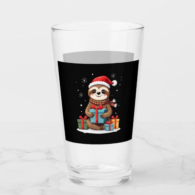 Merry Slothmas cute Christmas sloth Santa hat Xmas Glass (Front)