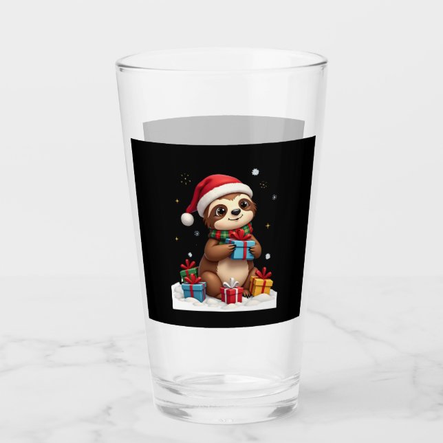Merry Slothmas cute Christmas sloth Santa hat Xmas Glass (Front)