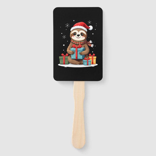 Merry Slothmas cute Christmas sloth Santa hat Xmas Hand Fan (Front)
