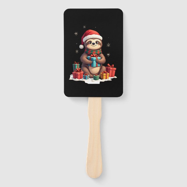 Merry Slothmas cute Christmas sloth Santa hat Xmas Hand Fan (Front)