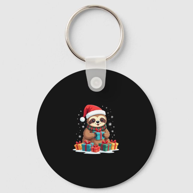Merry Slothmas cute Christmas sloth Santa hat Xmas Key Ring (Front)