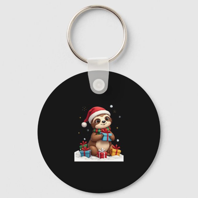 Merry Slothmas cute Christmas sloth Santa hat Xmas Key Ring (Front)