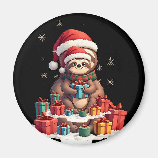 Merry Slothmas cute Christmas sloth Santa hat Xmas Magnet (Front)