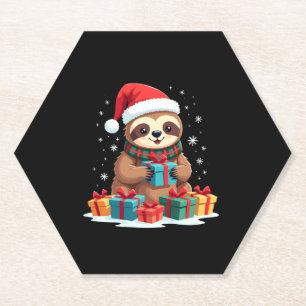 Merry Slothmas cute Christmas sloth Santa hat Xmas Paper Coaster