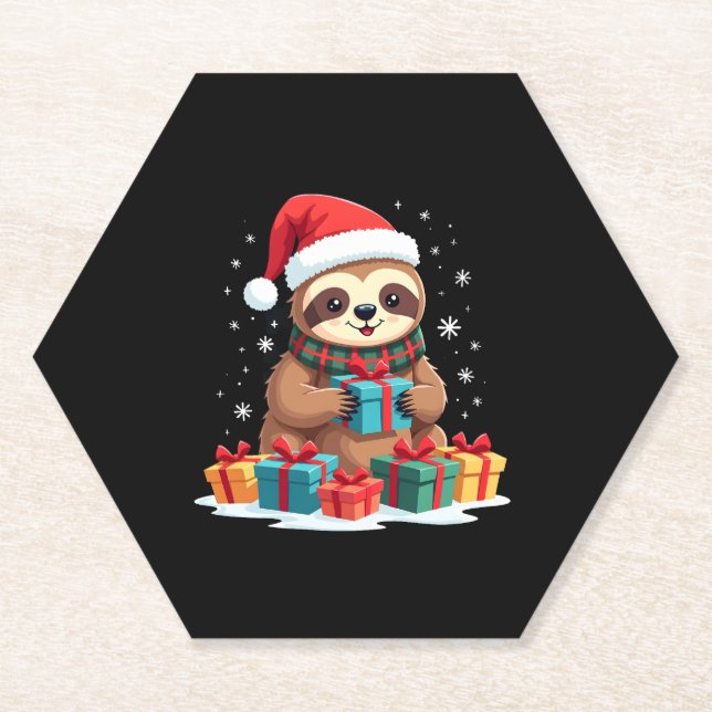 Merry Slothmas cute Christmas sloth Santa hat Xmas Paper Coaster (Front)