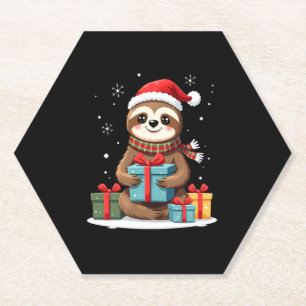 Merry Slothmas cute Christmas sloth Santa hat Xmas Paper Coaster