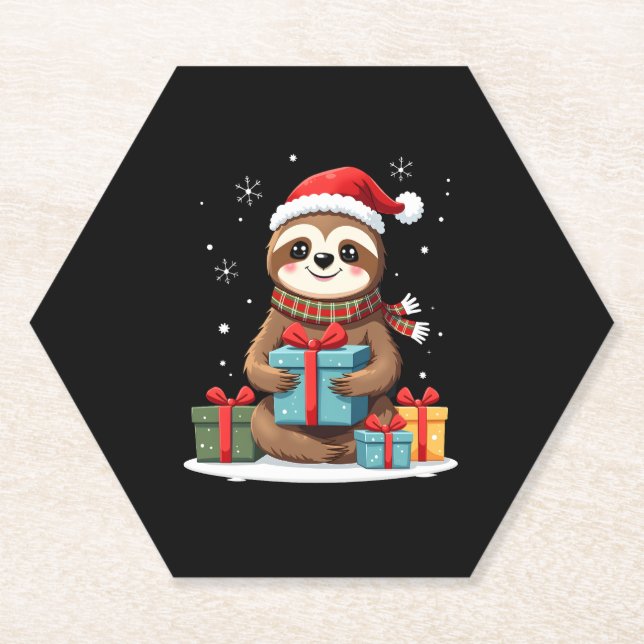 Merry Slothmas cute Christmas sloth Santa hat Xmas Paper Coaster (Front)