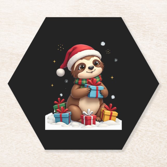 Merry Slothmas cute Christmas sloth Santa hat Xmas Paper Coaster (Front)