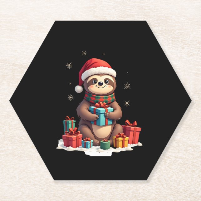 Merry Slothmas cute Christmas sloth Santa hat Xmas Paper Coaster (Front)