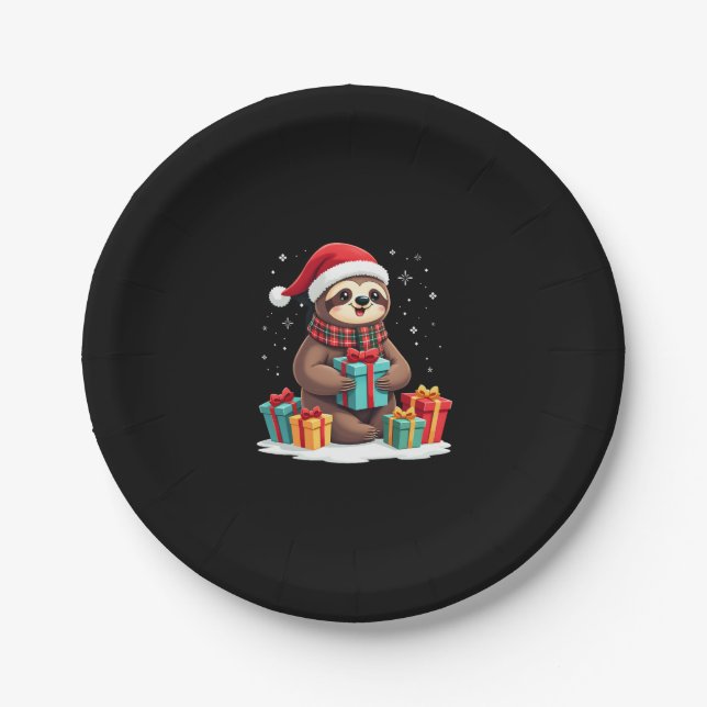 Merry Slothmas cute Christmas sloth Santa hat Xmas Paper Plate (Front)