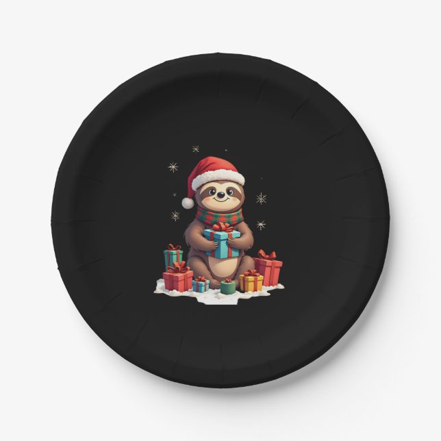 Merry Slothmas cute Christmas sloth Santa hat Xmas Paper Plate (Front)