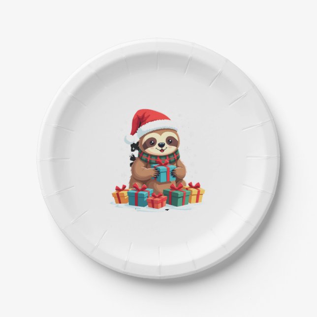 Merry Slothmas cute Christmas sloth Santa hat Xmas Paper Plate (Front)
