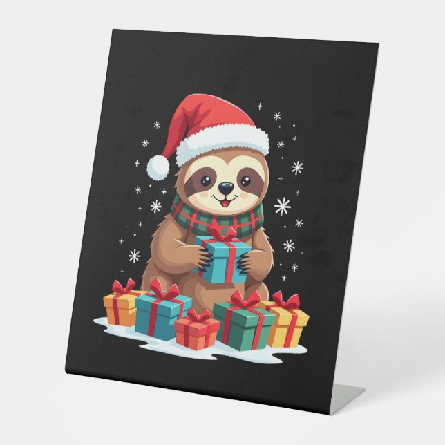 Merry Slothmas cute Christmas sloth Santa hat Xmas Pedestal Sign (Front)